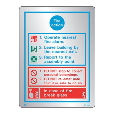 Sign General Fire Action Notice, Brushed Stainless Steel Fire Depot